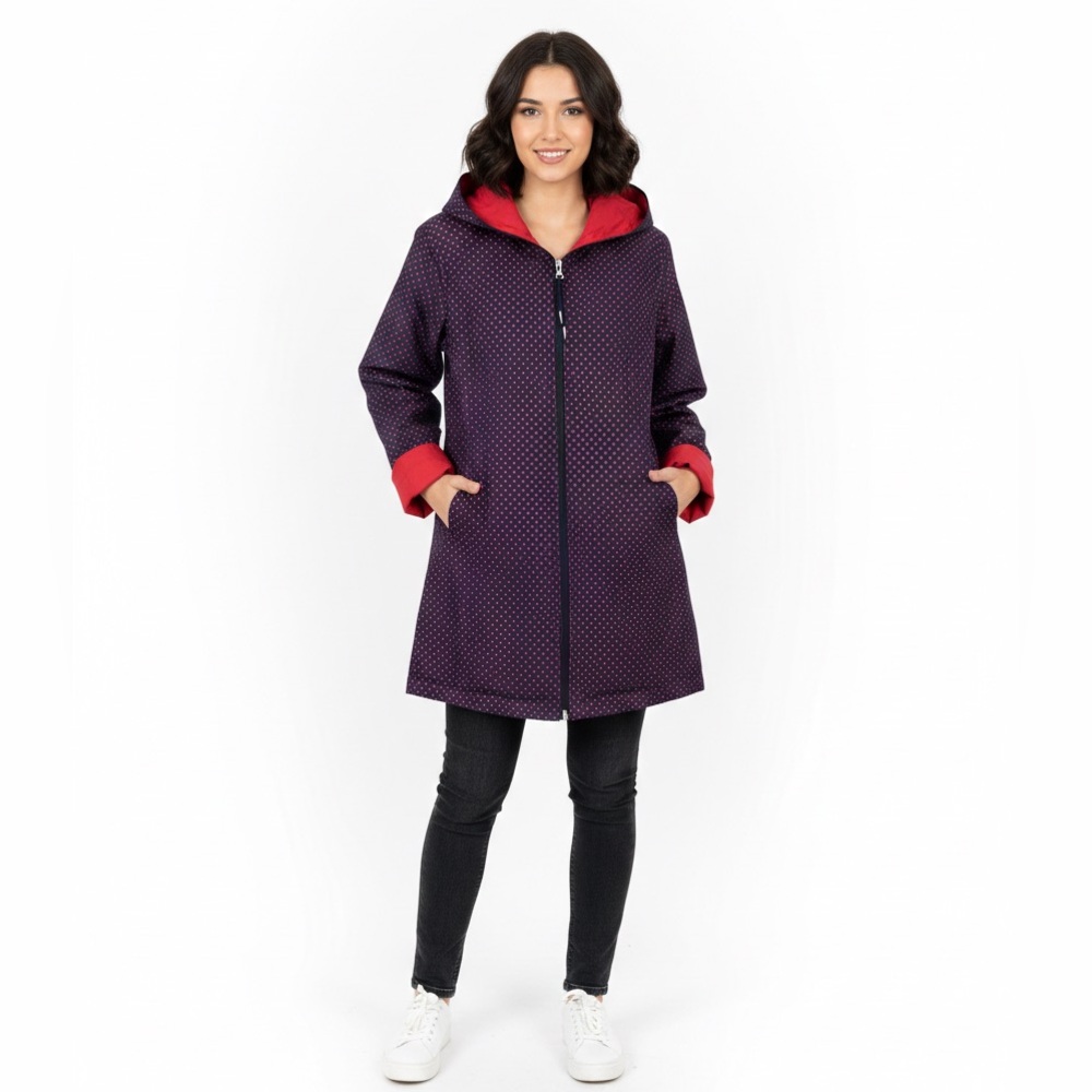 REVERSIBLE Hooded Polka Dot Print in Blue Red polka dots reverse Red size Medium